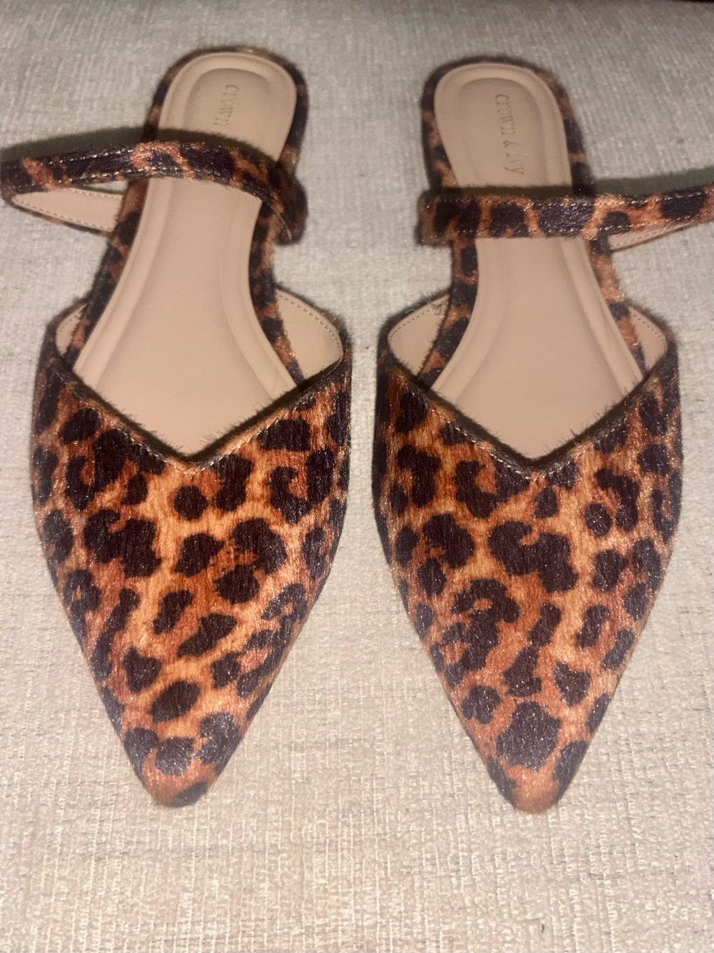 Crown & Ivy 8.5 Leopard Print Pointed Toe Mary Jane Mule Flats Animal Print - Picture 4 of 8